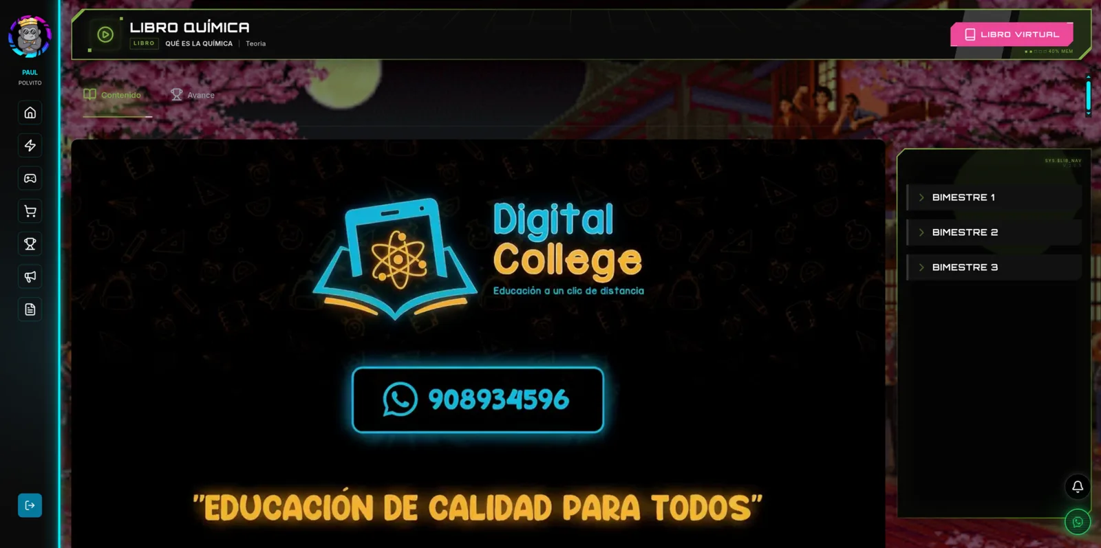 Vista de curso con contenido por bimestre, avance y libro virtual