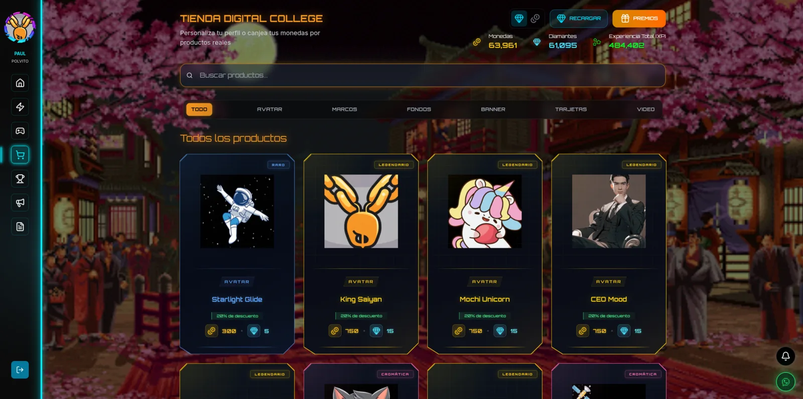 Tienda: avatares, marcos, fondos y banners por rareza