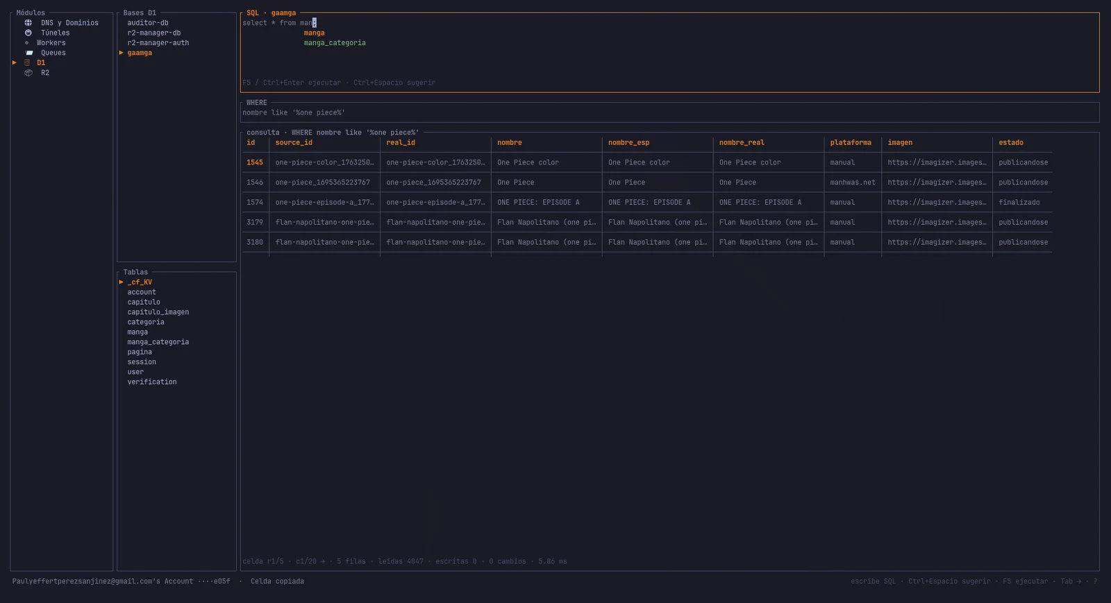 D1: editor SQL con autocompletado y rejilla de resultados