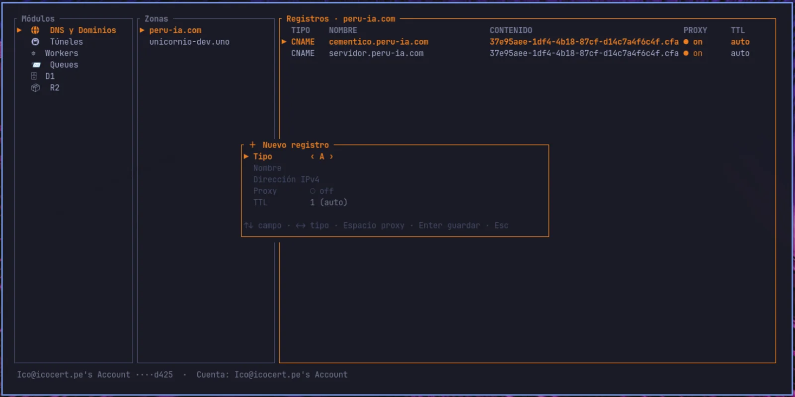 DNS: formulario dinámico por tipo de registro