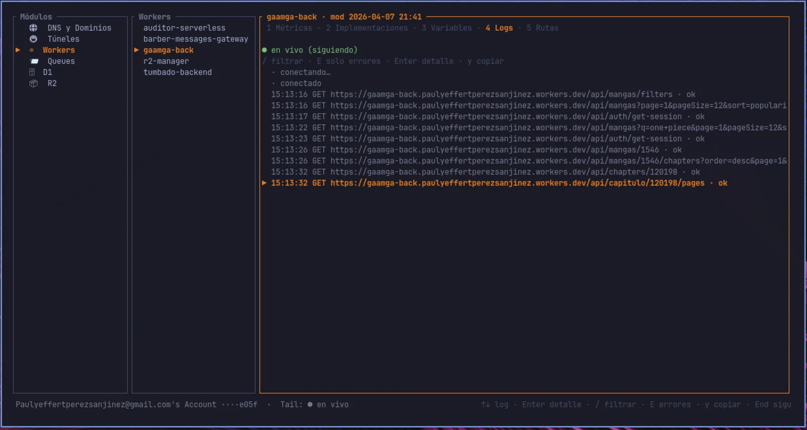 Workers: live-tail de logs por WebSocket
