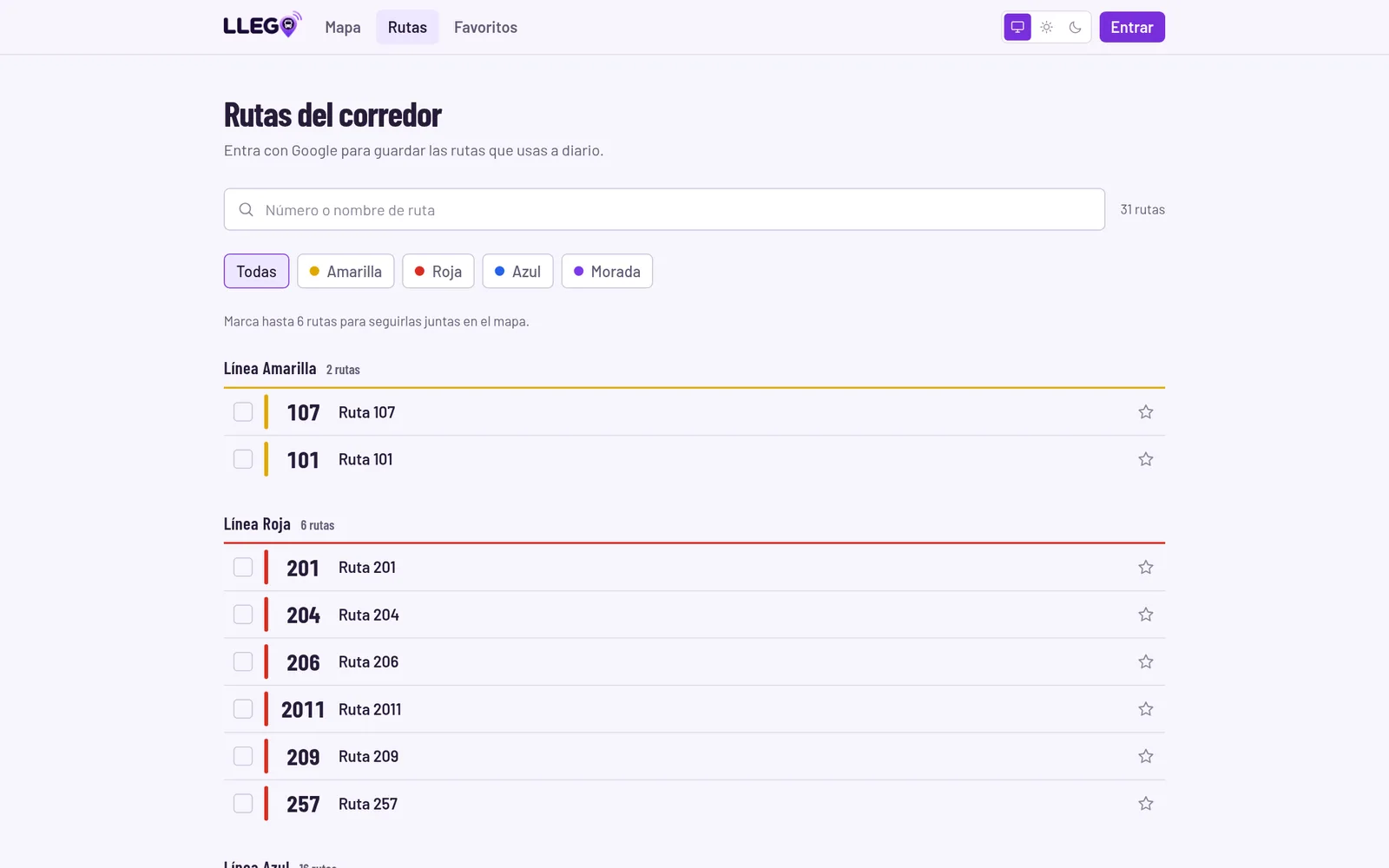 Catálogo de rutas del corredor con buscador y favoritos