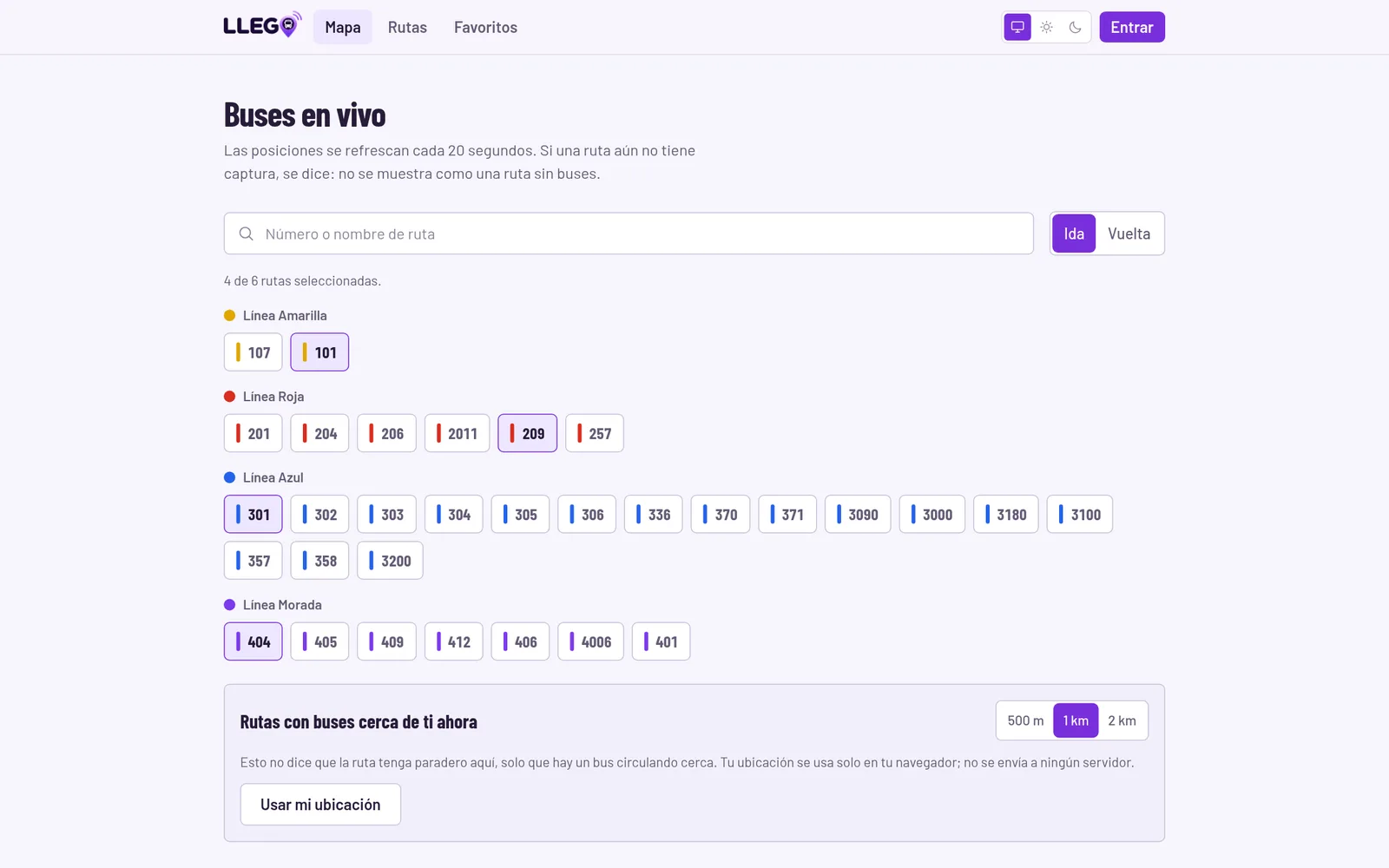 Selector de rutas por línea y sentido